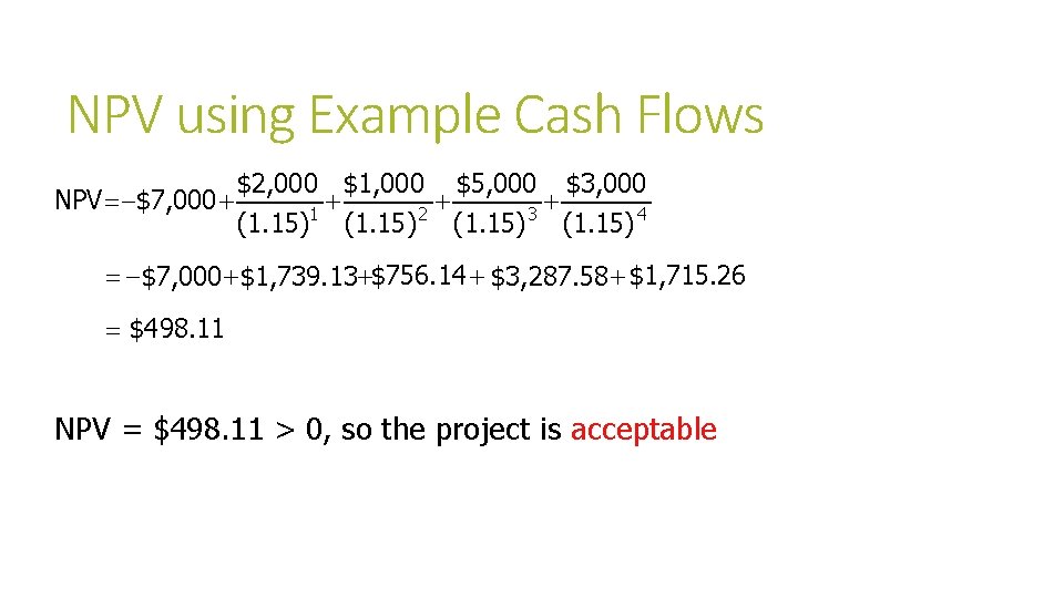 NPV using Example Cash Flows $2, 000 $1, 000 $5, 000 $3, 000 +