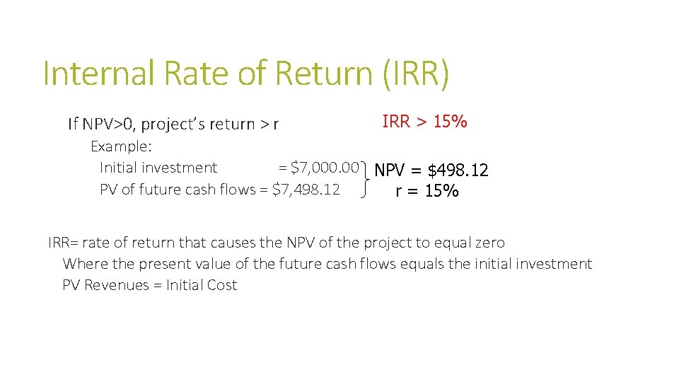 Internal Rate of Return (IRR) If NPV>0, project’s return > r IRR > 15%