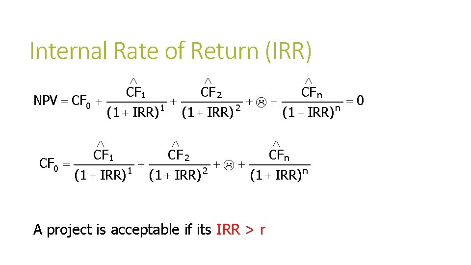 Internal Rate of Return (IRR) Ù Ù Ù CF 1 CF 2 CF n