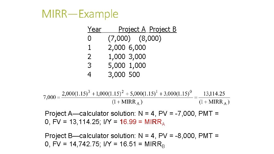MIRR—Example Year 0 1 2 3 4 Project A Project B (7, 000) (8,