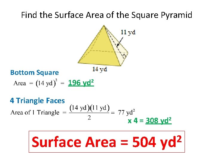 Find the Surface Area of the Square Pyramid Bottom Square 196 yd 2 4