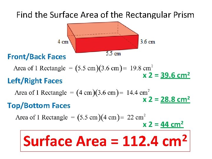 Find the Surface Area of the Rectangular Prism Front/Back Faces Left/Right Faces Top/Bottom Faces