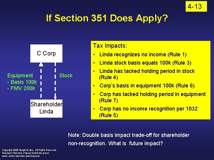 4 -13 If Section 351 Does Apply? Tax Impacts: C Corp • Linda recognizes