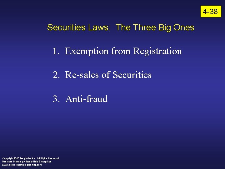 4 -38 Securities Laws: The Three Big Ones 1. Exemption from Registration 2. Re-sales