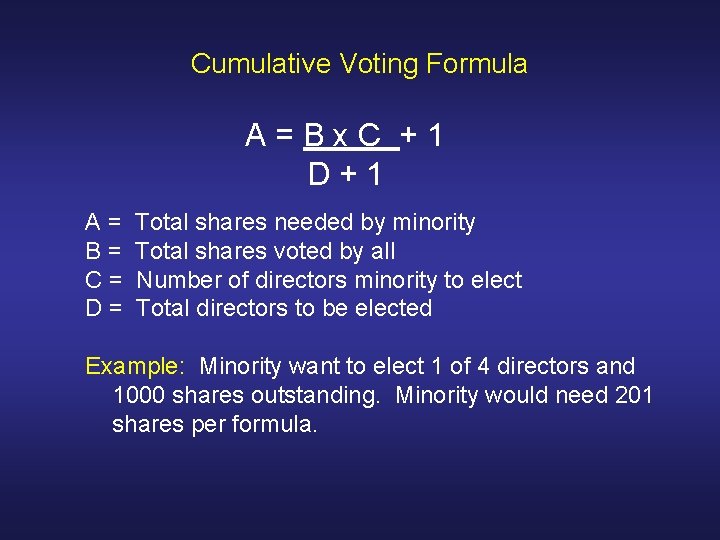 Cumulative Voting Formula A=Bx. C +1 D+1 A= B= C= D= Total shares needed