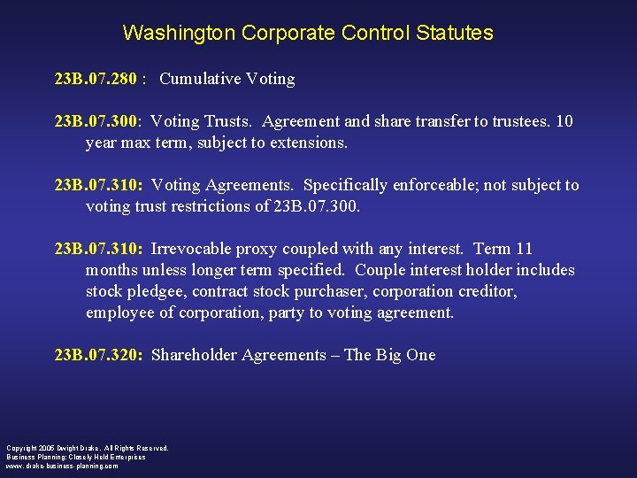 Washington Corporate Control Statutes 23 B. 07. 280 : Cumulative Voting 23 B. 07.