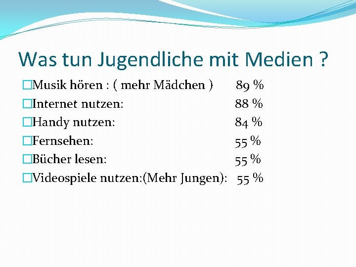 Was tun Jugendliche mit Medien ? �Musik hören : ( mehr Mädchen ) �Internet