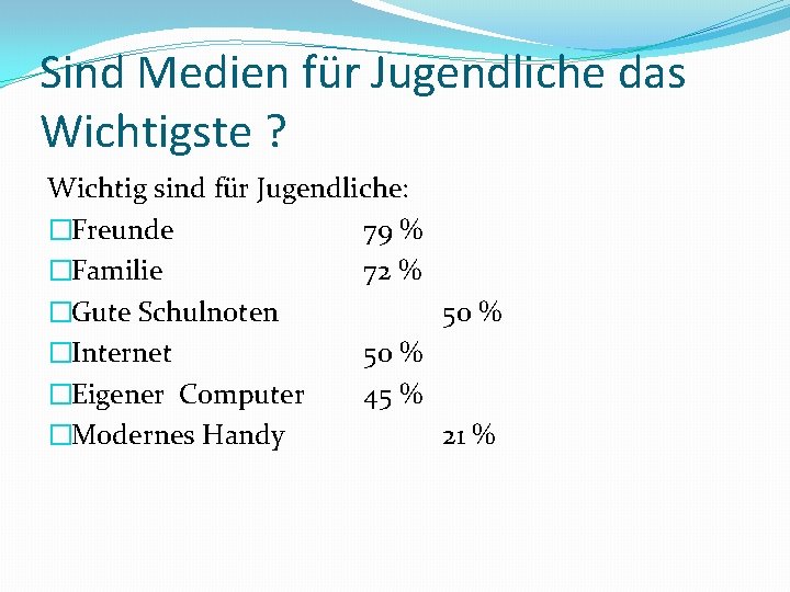 Sind Medien für Jugendliche das Wichtigste ? Wichtig sind für Jugendliche: �Freunde 79 %