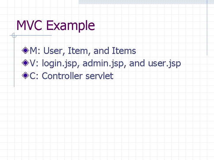 MVC Example M: User, Item, and Items V: login. jsp, admin. jsp, and user.