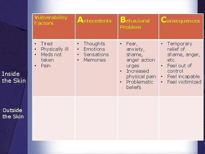 Vulnerability Factors • • Inside the Skin Outside the Skin Tired Physically ill Meds