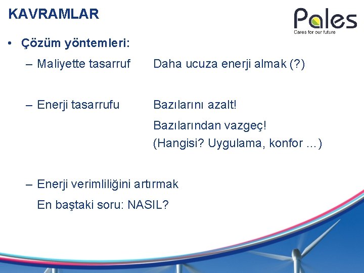 KAVRAMLAR • Çözüm yöntemleri: – Maliyette tasarruf Daha ucuza enerji almak (? ) –