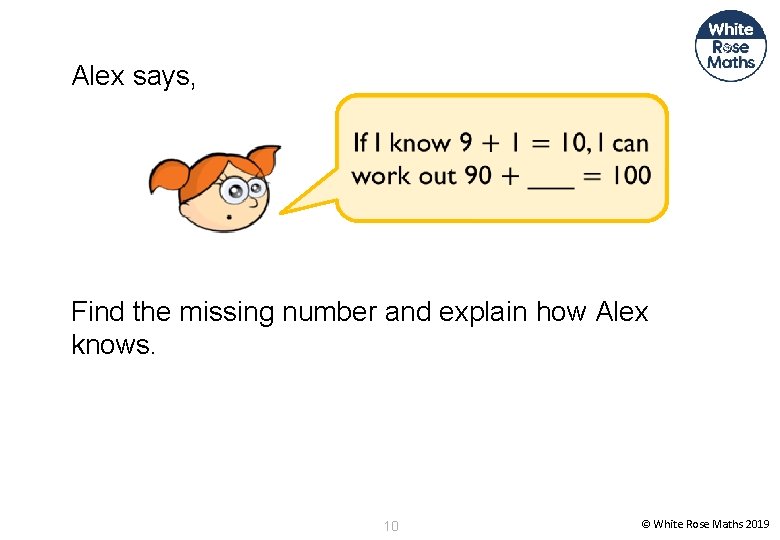 Alex says, Find the missing number and explain how Alex knows. 10 © White