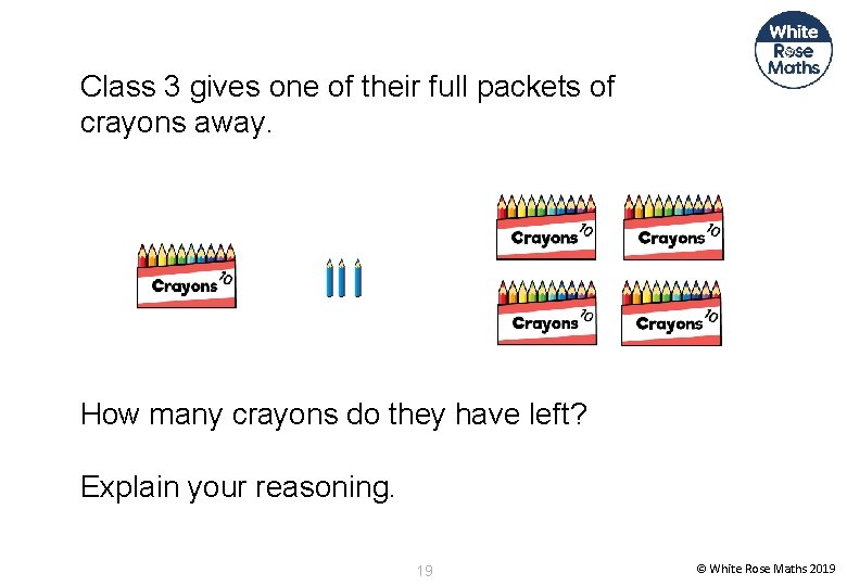 Class 3 gives one of their full packets of crayons away. How many crayons