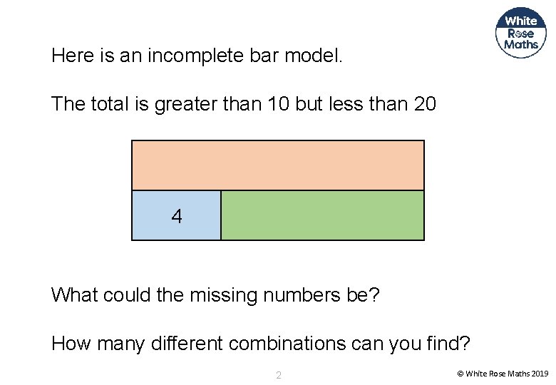 Here is an incomplete bar model. The total is greater than 10 but less