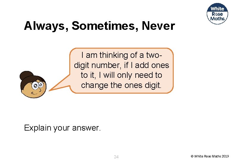 Always, Sometimes, Never I am thinking of a twodigit number, if I add ones