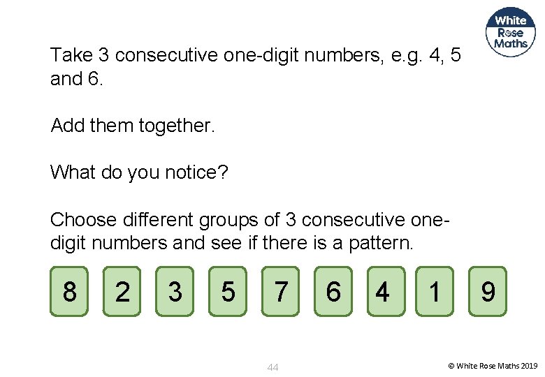 Take 3 consecutive one-digit numbers, e. g. 4, 5 and 6. Add them together.