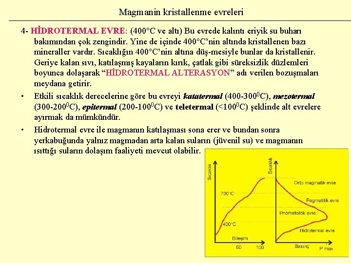 Magmanin kristallenme evreleri 4 - HİDROTERMAL EVRE: (400°C ve altı) Bu evrede kalıntı eriyik