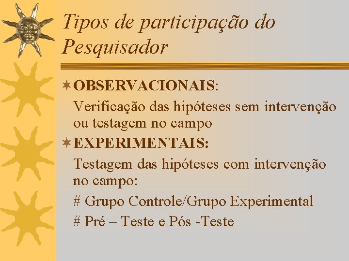 Tipos de participação do Pesquisador ¬OBSERVACIONAIS: Verificação das hipóteses sem intervenção ou testagem no