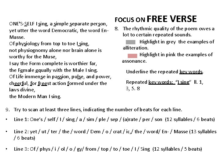 FOCUS ON FREE VERSE ONE'S-SELF I sing, a simple separate person, yet utter the