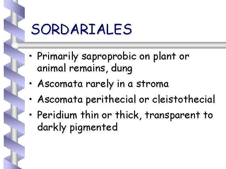 SORDARIALES • Primarily saproprobic on plant or animal remains, dung • Ascomata rarely in