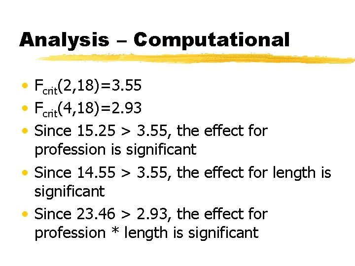 Analysis – Computational • Fcrit(2, 18)=3. 55 • Fcrit(4, 18)=2. 93 • Since 15.