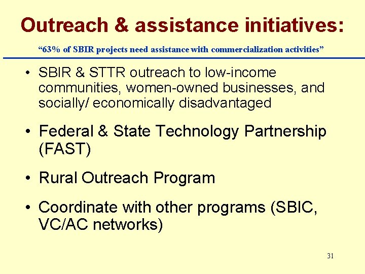 Outreach & assistance initiatives: “ 63% of SBIR projects need assistance with commercialization activities”