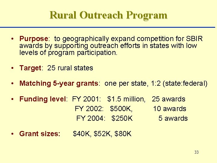 Rural Outreach Program • Purpose: to geographically expand competition for SBIR awards by supporting