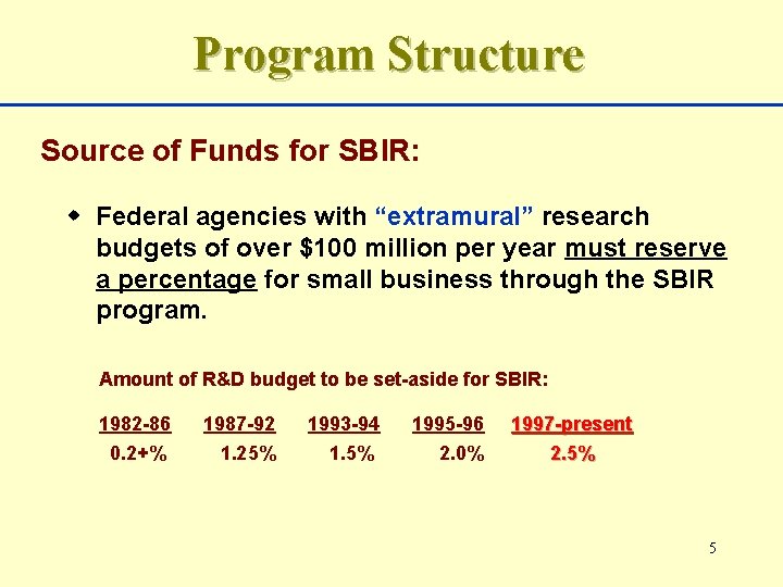 Program Structure Source of Funds for SBIR: w Federal agencies with “extramural” research budgets