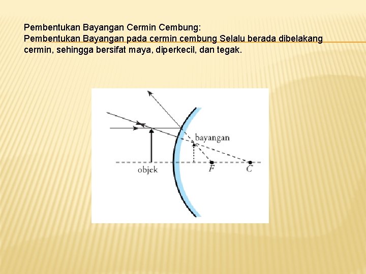 Pembentukan Bayangan Cermin Cembung: Pembentukan Bayangan pada cermin cembung Selalu berada dibelakang cermin, sehingga