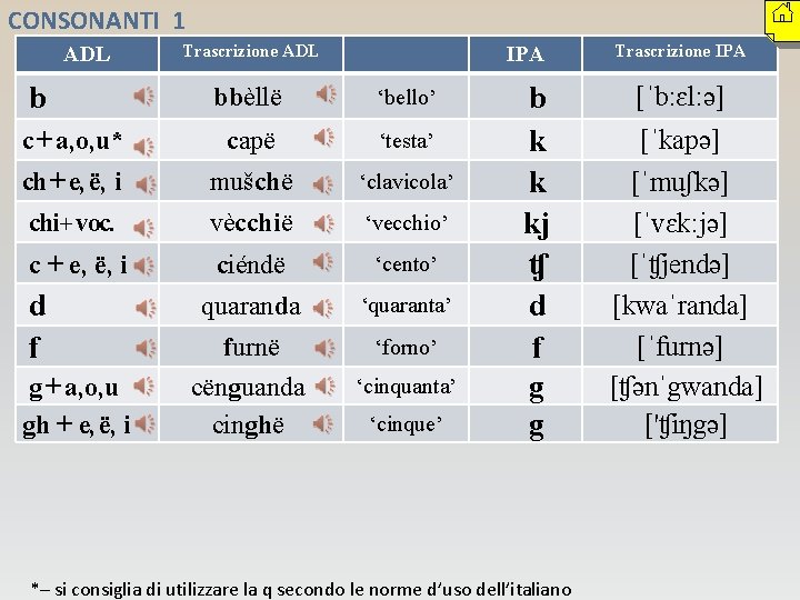 CONSONANTI 1 ADL b Trascrizione ADL IPA bbèllë ‘bello’ c + a, o, u*