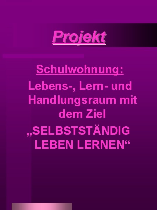 Projekt Schulwohnung: Lebens-, Lern- und Handlungsraum mit dem Ziel „SELBSTSTÄNDIG LEBEN LERNEN“ 