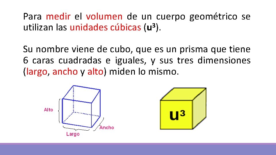 Para medir el volumen de un cuerpo geométrico se utilizan las unidades cúbicas (u