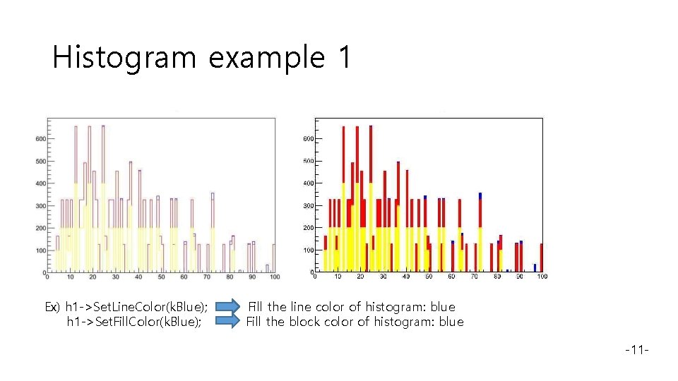 Histogram example 1 Ex) h 1 ->Set. Line. Color(k. Blue); h 1 ->Set. Fill.