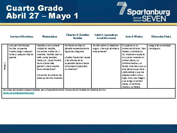 Mayo 1 Cuarto Grado Abril 27 – Mayo 1 Lectura &Escritura Matemáticas Leer por