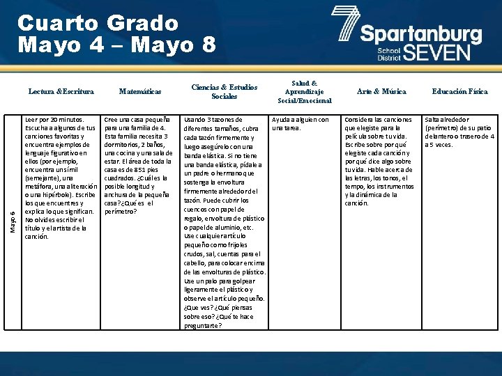 Mayo 6 Cuarto Grado Mayo 4 – Mayo 8 Lectura &Escritura Matemáticas Leer por