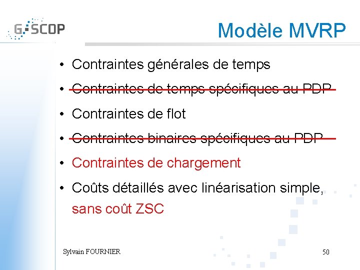 Modèle MVRP • Contraintes générales de temps • Contraintes de temps spécifiques au PDP