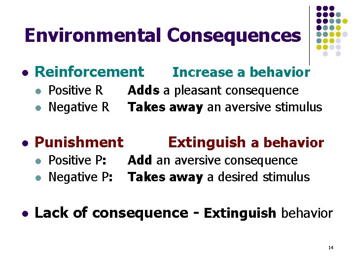 Environmental Consequences l Reinforcement l l l Punishment l l l Positive R Negative