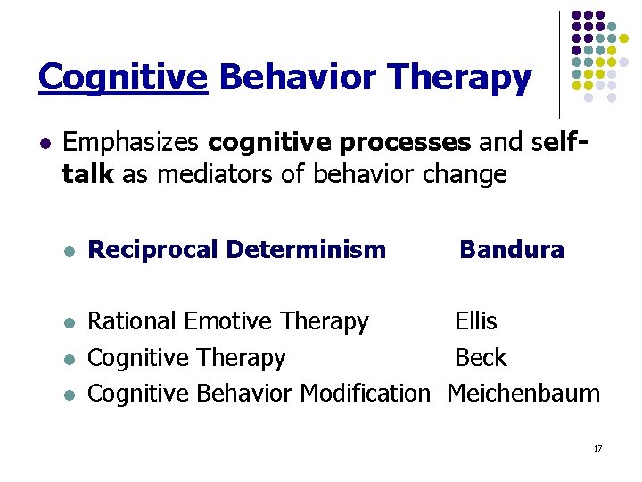 Cognitive Behavior Therapy l Emphasizes cognitive processes and selftalk as mediators of behavior change