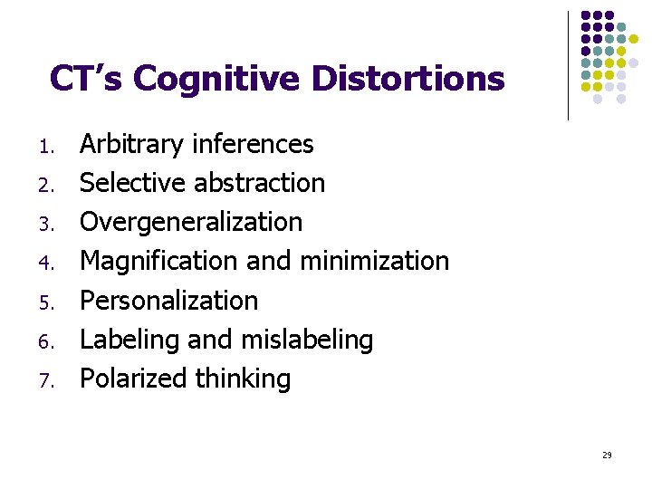 CT’s Cognitive Distortions 1. 2. 3. 4. 5. 6. 7. Arbitrary inferences Selective abstraction