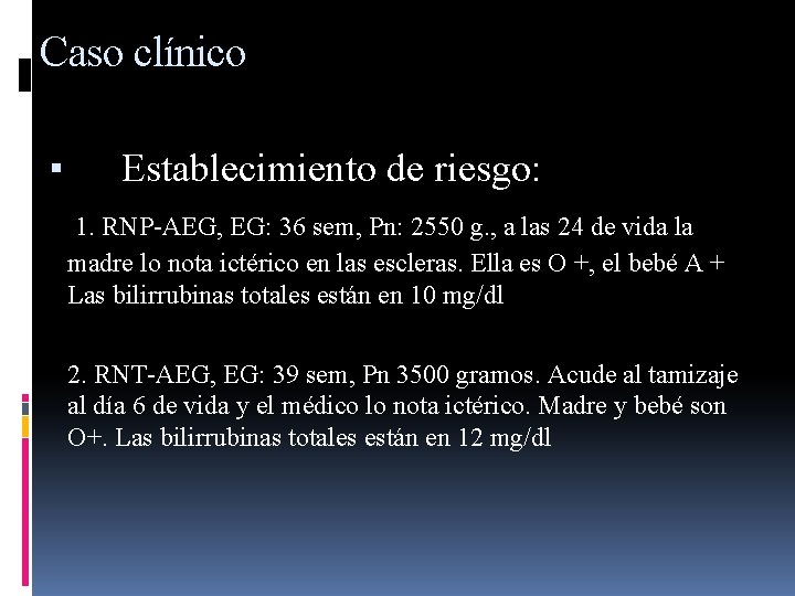 Caso clínico ▪ Establecimiento de riesgo: 1. RNP-AEG, EG: 36 sem, Pn: 2550 g.