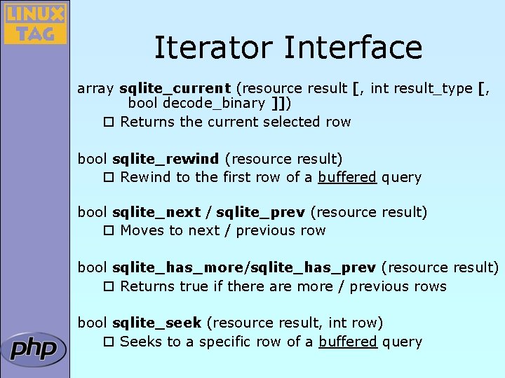 Iterator Interface array sqlite_current (resource result [, int result_type [, bool decode_binary ]]) ¨