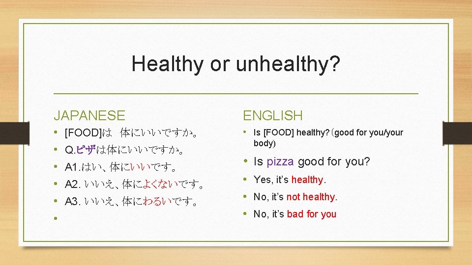 Healthy or unhealthy? JAPANESE ENGLISH • • Is [FOOD] healthy? （good for you/your [FOOD]は