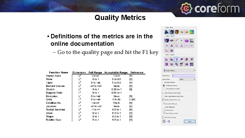 Quality Metrics • Definitions of the metrics are in the online documentation – Go