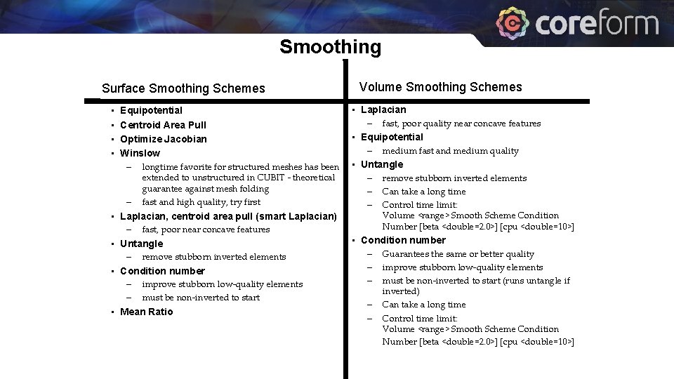 Smoothing Surface Smoothing Schemes • • Equipotential Centroid Area Pull Optimize Jacobian Winslow –