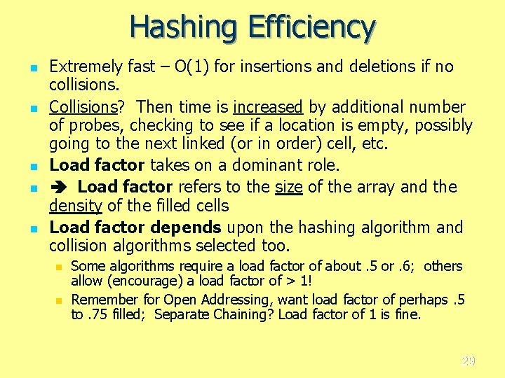 Hashing Efficiency n n n Extremely fast – O(1) for insertions and deletions if