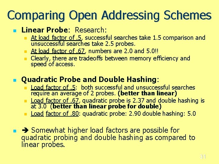 Comparing Open Addressing Schemes n Linear Probe: Research: n n Quadratic Probe and Double