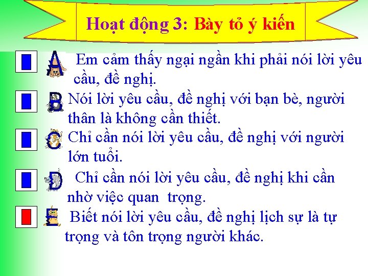 Hoạt động 3: Bày tỏ ý kiến Em cảm thấy ngại ngần khi phải