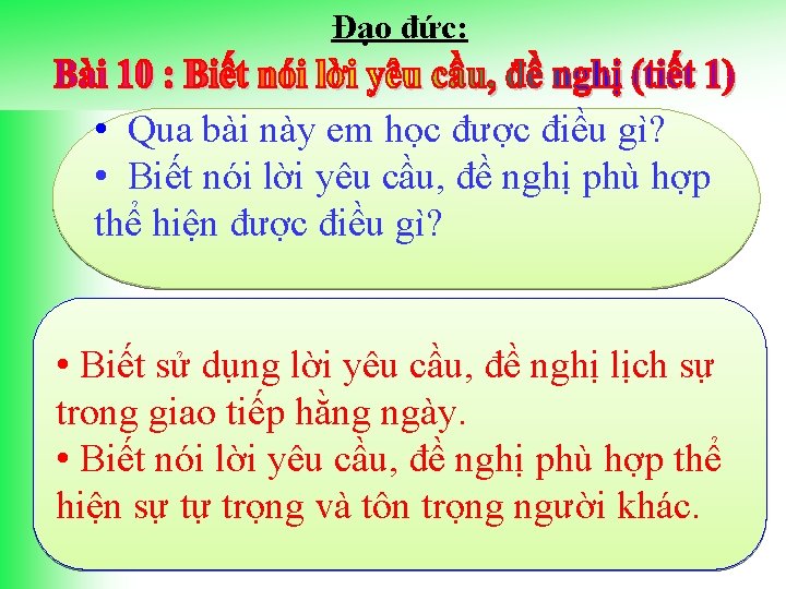 Đạo đức: • Qua bài này em học được điều gì? • Biết nói