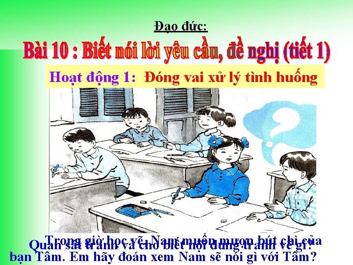 Đạo đức: Hoạt động 1: Đóng vai xử lý tình huống Trong họcvàvẽ, Nam