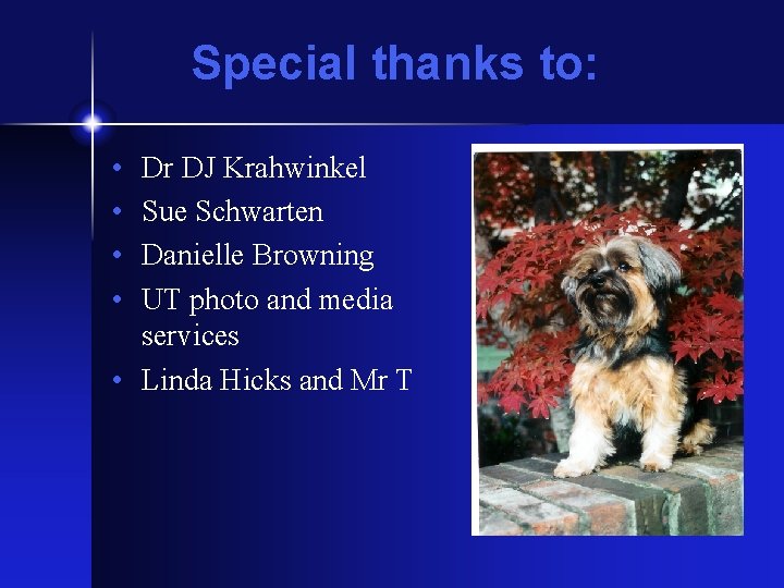 Special thanks to: • • Dr DJ Krahwinkel Sue Schwarten Danielle Browning UT photo